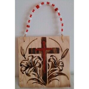 Handmade Cross Sign Wood Burnished 6" X 6" Wall Hanging Beaded Country Decor New